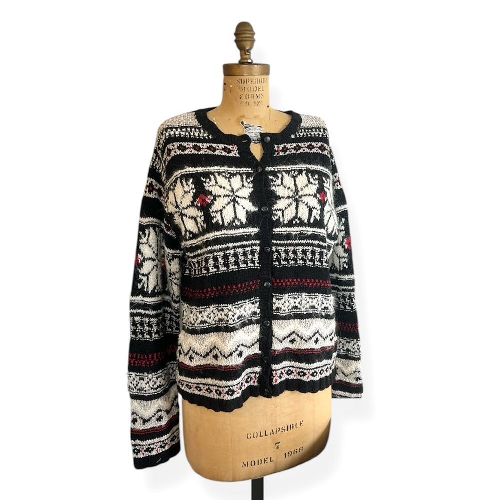 David Brooks Wool Silk Snowflake Black and White Nordic Knit Cardigan Sweater